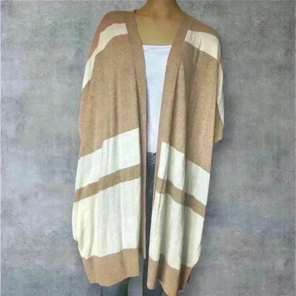 Loft Open Front Cardigan Tan & Cream Striped Knit Lightweight Sweater sz 20/22 - Picture 2 of 9